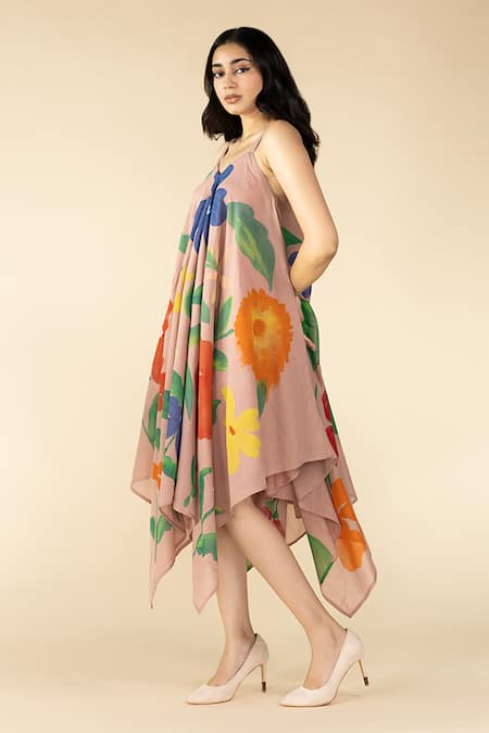 Purvi Doshi_Pink Cotton V-neck Floral Hand Painted Spaghetti Dress_Online_at_Aza_Fashions