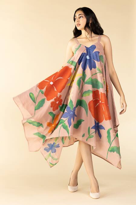 Buy_Purvi Doshi_Pink Cotton V-neck Floral Hand Painted Spaghetti Dress_Online_at_Aza_Fashions