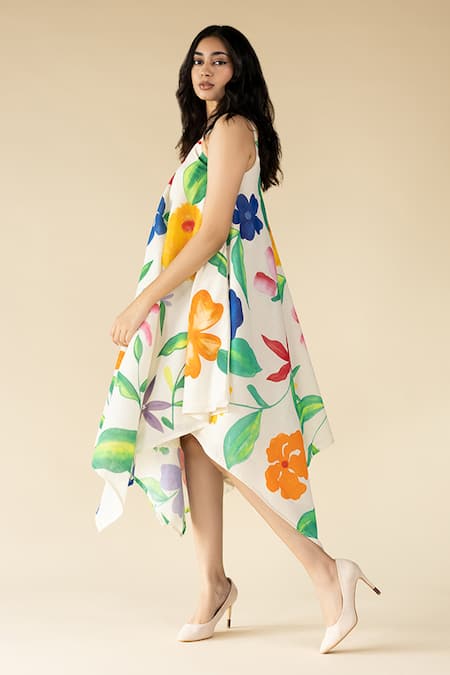 Purvi Doshi_Off White Muslin V-neck Floral Hand Painted Draped Dress_Online_at_Aza_Fashions