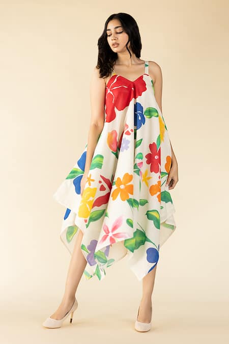 Buy_Purvi Doshi_Off White Muslin V-neck Floral Hand Painted Draped Dress_Online_at_Aza_Fashions