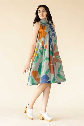 Purvi Doshi_Green Cotton Halter Neck Floral Hand Painted Dress_Online_at_Aza_Fashions