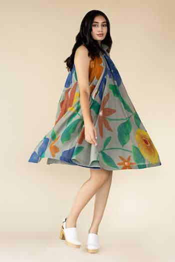 Buy_Purvi Doshi_Green Cotton Halter Neck Floral Hand Painted Dress_Online_at_Aza_Fashions