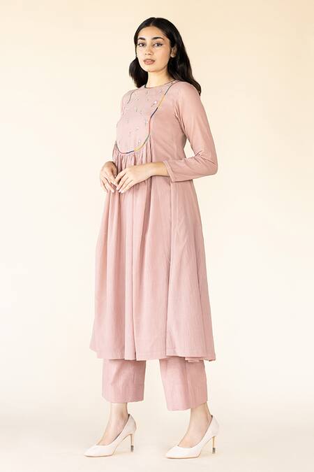 Purvi Doshi_Pink Embroidery Round Neck Gathered Tunic_Online_at_Aza_Fashions