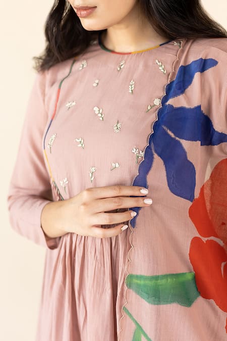Buy_Purvi Doshi_Pink Embroidery Round Neck Gathered Tunic_Online_at_Aza_Fashions