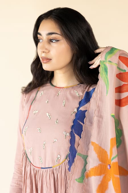 Shop_Purvi Doshi_Pink Embroidery Round Neck Gathered Tunic_Online_at_Aza_Fashions