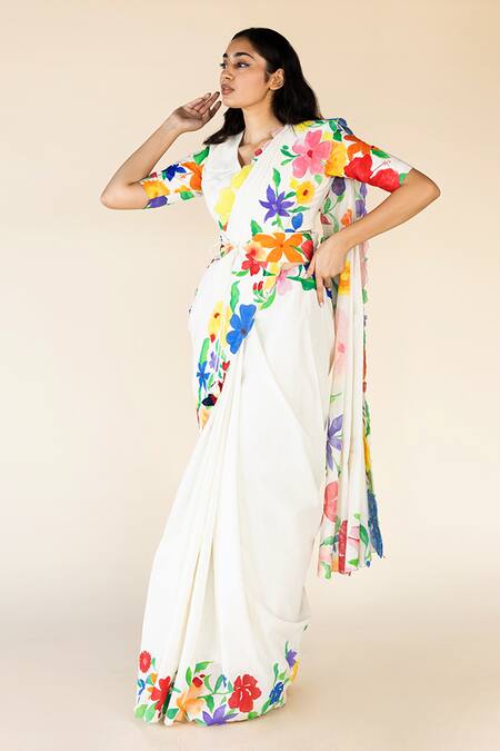 Buy_Purvi Doshi_Off White Muslin Floral Hand Painted Saree_Online_at_Aza_Fashions