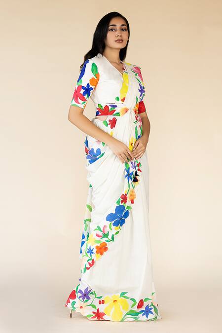 Purvi Doshi Off White Muslin V-neck Floral Hand Painted Blouse Online at Aza Fashions Purvi Doshi_Off White Muslin V-neck Floral Hand Painted Blouse_Online_at_Aza_Fashions