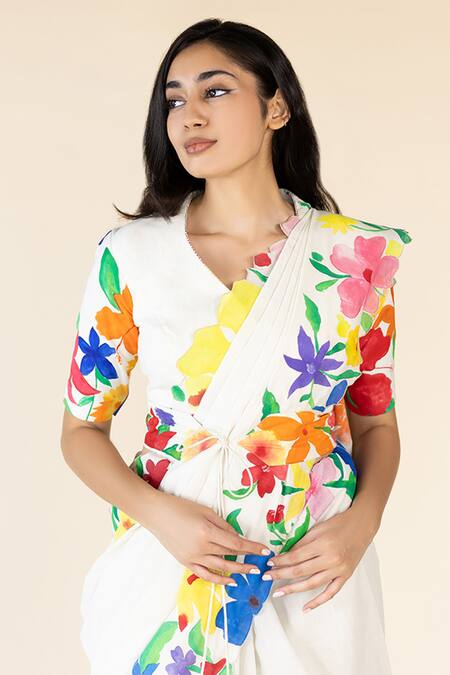Buy Purvi Doshi Off White Muslin V-neck Floral Hand Painted Blouse Online at Aza Fashions Buy_Purvi Doshi_Off White Muslin V-neck Floral Hand Painted Blouse_Online_at_Aza_Fashions
