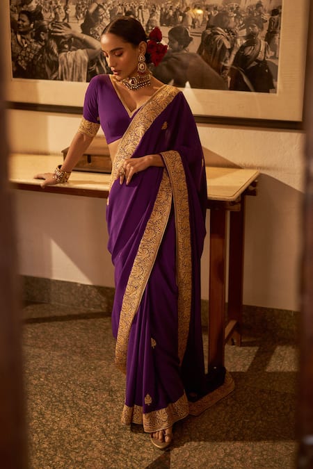 Mustard Yellow Tussar Silk Saree With Purple Border and Pallu – Thearyavart