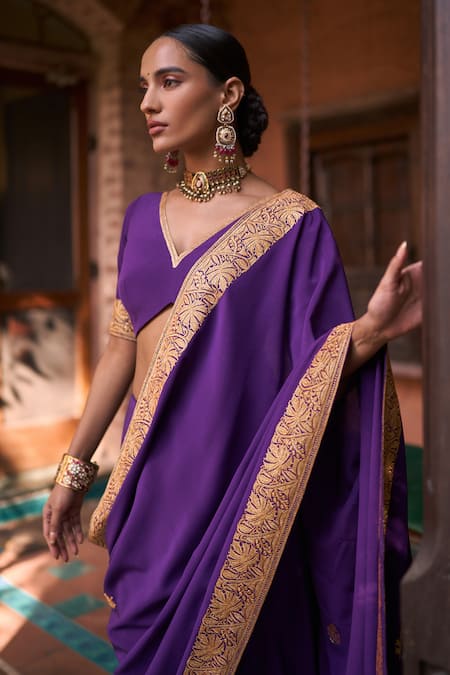 Shop_The Whole Nine Yards_Purple Silk Embroidery V-neck Banafsha Border Saree With Blouse _Online_at_Aza_Fashions
