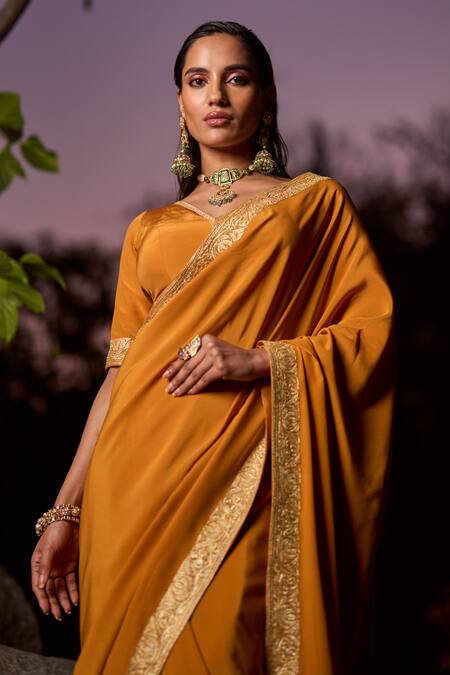 Shop The Whole Nine Yards Yellow Crepe, Silk Embroidery V-neck Liba Lotus Border Work Saree With Blouse Online at Aza Fashions Shop_The Whole Nine Yards_Yellow Crepe, Silk Embroidery V-neck Liba Lotus Border Work Saree With Blouse _Online_at_Aza_Fashions