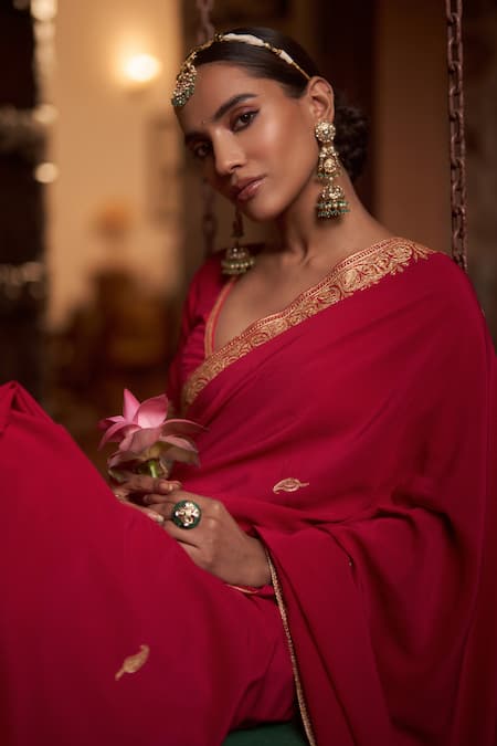 Shop_The Whole Nine Yards_Pink Crepe, Silk Embroidery Square Noor Paisley Border Work Saree With Blouse _Online_at_Aza_Fashions