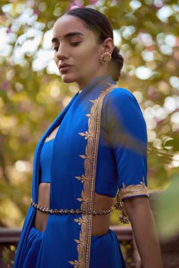 Shop_The Whole Nine Yards_Blue Crepe, Silk Embroidery Square Saanjh Paisley Border Work Saree With Blouse _Online_at_Aza_Fashions
