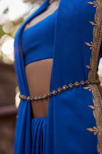 The Whole Nine Yards_Blue Crepe, Silk Embroidery Square Saanjh Paisley Border Work Saree With Blouse _at_Aza_Fashions