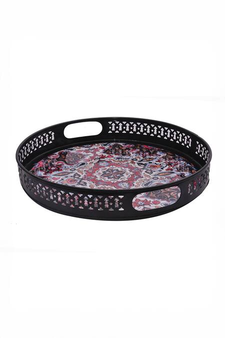 Buy Assemblage Black Iron With Powder Coating And A Protective Resin Moroccan Tray Set Of 2 Online at Aza Fashions Buy_Assemblage_Black Iron With Powder Coating And A Protective Resin Moroccan Tray Set Of 2_Online_at_Aza_Fashions