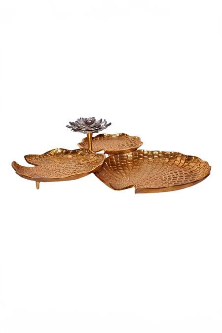 Assemblage_Light Aluminium Metal With Blooming Lotus Three Leaf Platter_Online_at_Aza_Fashions