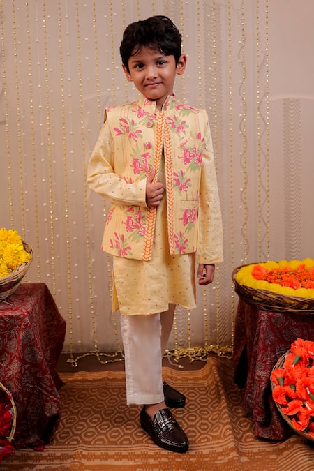 Tiny Colour_Yellow Cotton Embroidery Floral Hand Block Printed Kurta Set _Online_at_Aza_Fashions