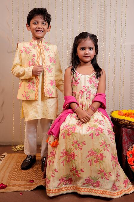 Shop_Tiny Colour_Yellow Cotton Embroidery Floral Hand Block Printed Kurta Set _Online_at_Aza_Fashions