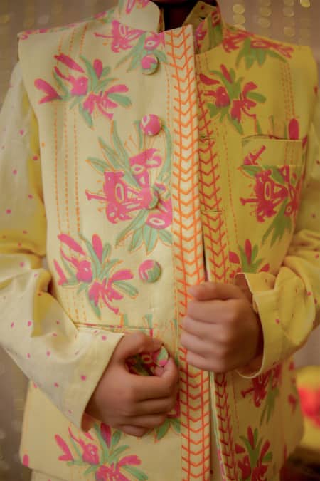 Tiny Colour_Yellow Cotton Embroidery Floral Hand Block Printed Kurta Set _at_Aza_Fashions