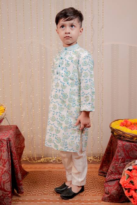 Tiny Colour White Cotton, Silk Floral Hand Block Print Kurta Set Online at Aza Fashions Tiny Colour_White Cotton, Silk Floral Hand Block Print Kurta Set _Online_at_Aza_Fashions