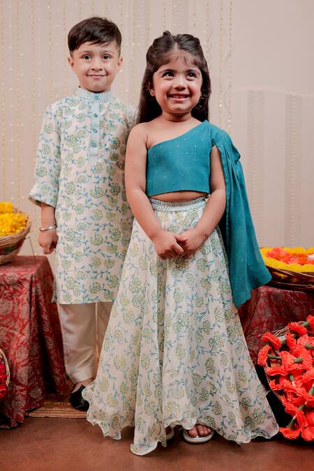 Shop Tiny Colour White Cotton, Silk Floral Hand Block Print Kurta Set Online at Aza Fashions Shop_Tiny Colour_White Cotton, Silk Floral Hand Block Print Kurta Set _Online_at_Aza_Fashions