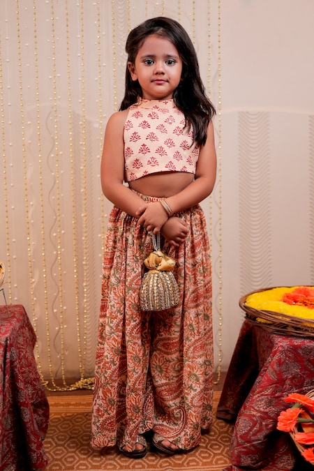 TINY COLOUR Peach Chinon Crepe Hand Block Printed Floral Crop Top And Sharara Set 