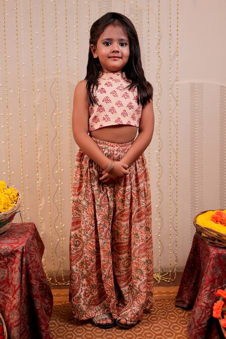 Shop Tiny Colour Peach Chiffon, Crepe Embroidery, Sequins Floral Print Crop Top And Sharara Set Online at Aza Fashions Shop_Tiny Colour_Peach Chiffon, Crepe Embroidery, Sequins Floral Print Crop Top And Sharara Set _Online_at_Aza_Fashions