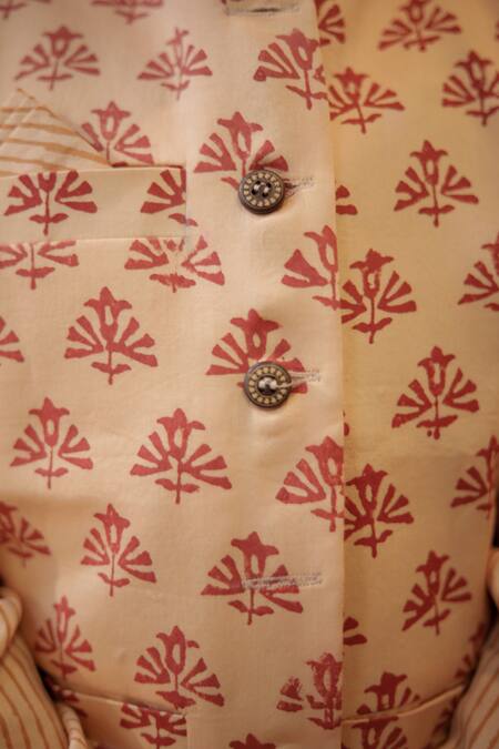 Shop_Tiny Colour_Peach Cotton Embroidery Garden Print Bundi And Kurta Set _Online_at_Aza_Fashions