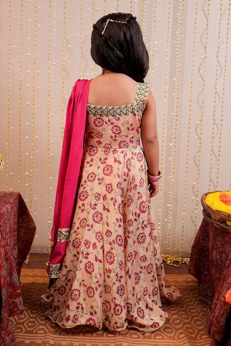 Shop Tiny Colour Beige Embroidery Flower Hand Block Print Anarkali With Dupatta at Aza Fashions Shop_Tiny Colour_Beige Embroidery Flower Hand Block Print Anarkali With Dupatta _at_Aza_Fashions