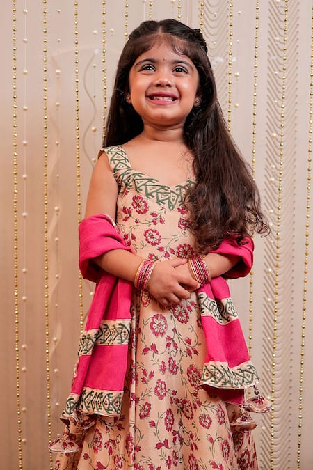 Tiny Colour Beige Embroidery Flower Hand Block Print Anarkali With Dupatta Online at Aza Fashions Tiny Colour_Beige Embroidery Flower Hand Block Print Anarkali With Dupatta _Online_at_Aza_Fashions