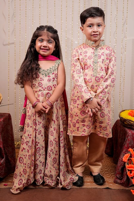 Buy Tiny Colour Beige Embroidery Flower Hand Block Print Anarkali With Dupatta Online at Aza Fashions Buy_Tiny Colour_Beige Embroidery Flower Hand Block Print Anarkali With Dupatta _Online_at_Aza_Fashions