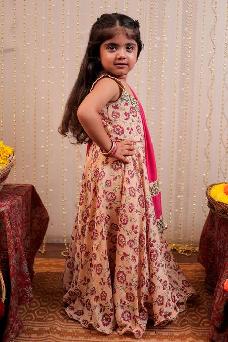 Shop Tiny Colour Beige Embroidery Flower Hand Block Print Anarkali With Dupatta Online at Aza Fashions Shop_Tiny Colour_Beige Embroidery Flower Hand Block Print Anarkali With Dupatta _Online_at_Aza_Fashions