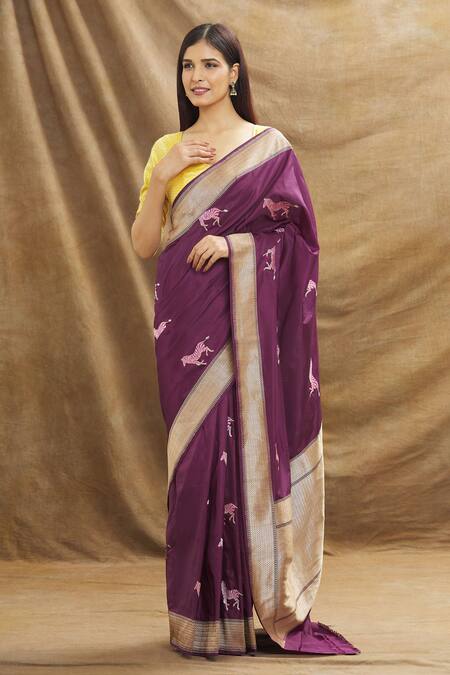 Resa By Ushnakmals Wine Katan Silk Woven Zebra Motif Saree Online at Aza Fashions Resa By Ushnakmals_Wine Katan Silk Woven Zebra Motif Saree_Online_at_Aza_Fashions
