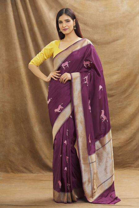 Buy Resa By Ushnakmals Wine Katan Silk Woven Zebra Motif Saree Online at Aza Fashions Buy_Resa By Ushnakmals_Wine Katan Silk Woven Zebra Motif Saree_Online_at_Aza_Fashions