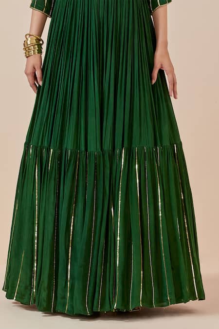 Shop Ikshita Choudhary Green Crepe, Tissue, Organza Tiered Anarkali With Scalloped Border Dupatta Online at Aza Fashions Shop_Ikshita Choudhary_Green Crepe, Tissue, Organza Tiered Anarkali With Scalloped Border Dupatta _Online_at_Aza_Fashions