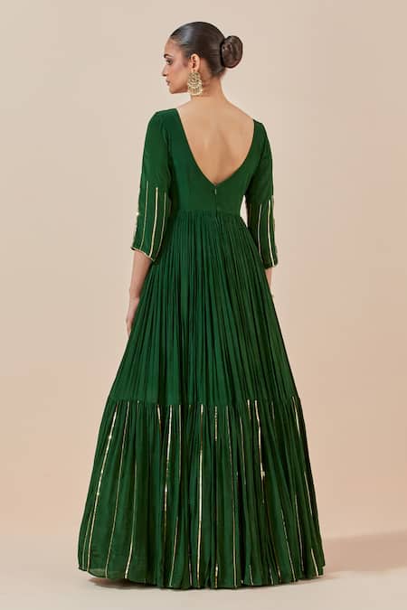 Shop Ikshita Choudhary Green Crepe, Tissue, Organza Tiered Anarkali With Scalloped Border Dupatta at Aza Fashions Shop_Ikshita Choudhary_Green Crepe, Tissue, Organza Tiered Anarkali With Scalloped Border Dupatta _at_Aza_Fashions