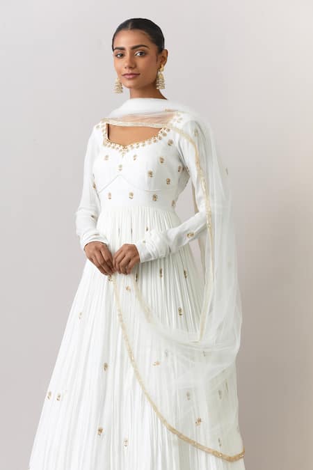 Ikshita Choudhary_White Modal, Cotton, Net Embroidery Floral Hand Anarkali With Dupatta _Online_at_Aza_Fashions