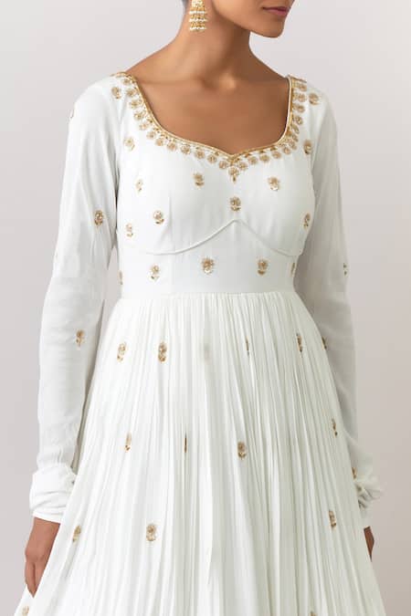 Buy_Ikshita Choudhary_White Modal, Cotton, Net Embroidery Floral Hand Anarkali With Dupatta _Online_at_Aza_Fashions