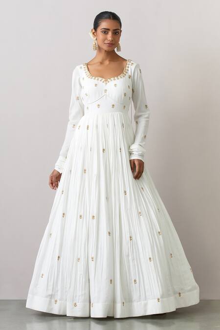 Shop_Ikshita Choudhary_White Modal, Cotton, Net Embroidery Floral Hand Anarkali With Dupatta _Online_at_Aza_Fashions