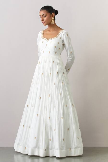 Ikshita Choudhary_White Modal, Cotton, Net Embroidery Floral Hand Anarkali With Dupatta _at_Aza_Fashions