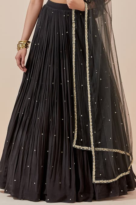 Ikshita Choudhary Black Chanderi Silk, Net, Crepe Embroidery, Floral Hand Blouse Lehenga Set Online at Aza Fashions Ikshita Choudhary_Black Chanderi Silk, Net, Crepe Embroidery, Floral Hand Blouse Lehenga Set _Online_at_Aza_Fashions