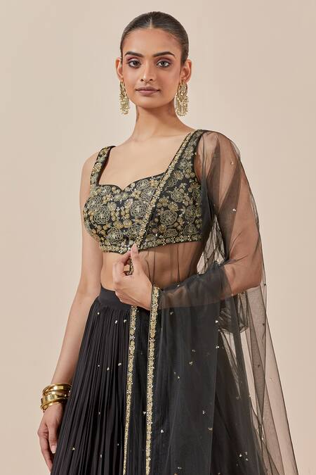 Buy Ikshita Choudhary Black Chanderi Silk, Net, Crepe Embroidery, Floral Hand Blouse Lehenga Set Online at Aza Fashions Buy_Ikshita Choudhary_Black Chanderi Silk, Net, Crepe Embroidery, Floral Hand Blouse Lehenga Set _Online_at_Aza_Fashions