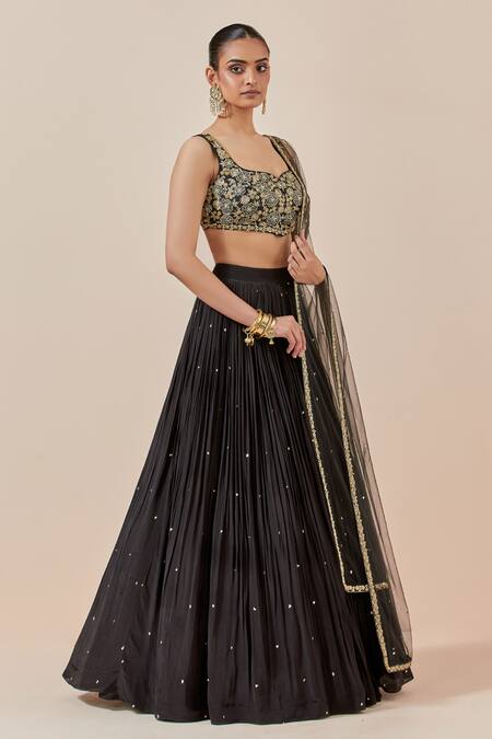 Shop Ikshita Choudhary Black Chanderi Silk, Net, Crepe Embroidery, Floral Hand Blouse Lehenga Set Online at Aza Fashions Shop_Ikshita Choudhary_Black Chanderi Silk, Net, Crepe Embroidery, Floral Hand Blouse Lehenga Set _Online_at_Aza_Fashions