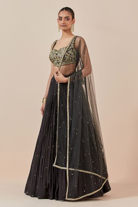 Ikshita Choudhary Black Chanderi Silk, Net, Crepe Embroidery, Floral Hand Blouse Lehenga Set at Aza Fashions Ikshita Choudhary_Black Chanderi Silk, Net, Crepe Embroidery, Floral Hand Blouse Lehenga Set _at_Aza_Fashions