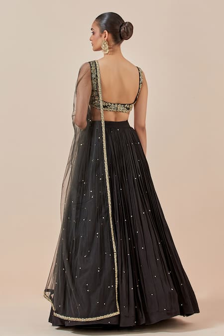 Shop Ikshita Choudhary Black Chanderi Silk, Net, Crepe Embroidery, Floral Hand Blouse Lehenga Set at Aza Fashions Shop_Ikshita Choudhary_Black Chanderi Silk, Net, Crepe Embroidery, Floral Hand Blouse Lehenga Set _at_Aza_Fashions