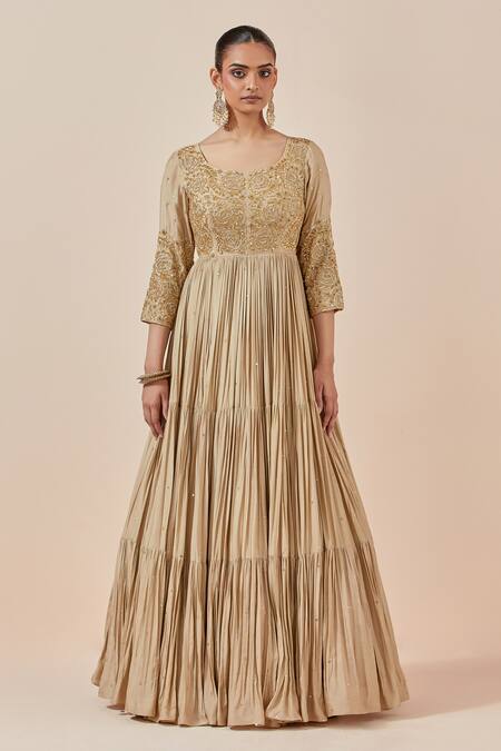 Ikshita Choudhary_Beige Chanderi Silk Embroidery, Zari Round Neck Anarkali With Dupatta _Online_at_Aza_Fashions