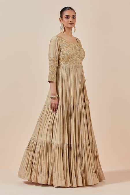 Buy_Ikshita Choudhary_Beige Chanderi Silk Embroidery, Zari Round Neck Anarkali With Dupatta _Online_at_Aza_Fashions