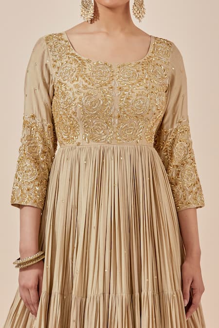 Shop_Ikshita Choudhary_Beige Chanderi Silk Embroidery, Zari Round Neck Anarkali With Dupatta _Online_at_Aza_Fashions