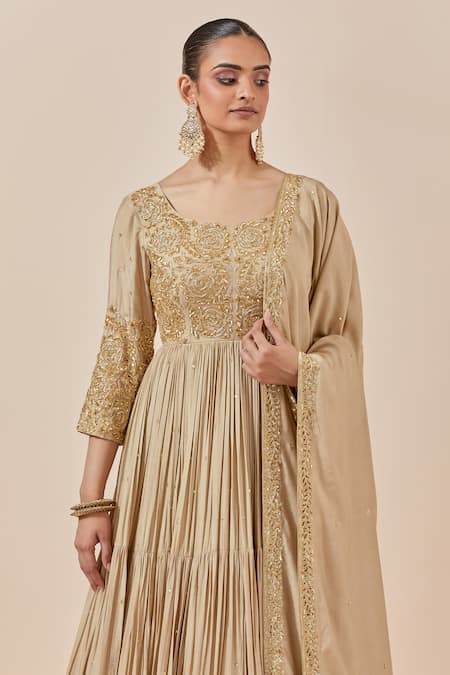 Ikshita Choudhary_Beige Chanderi Silk Embroidery, Zari Round Neck Anarkali With Dupatta _at_Aza_Fashions