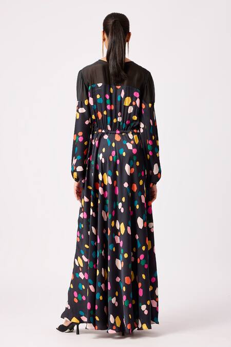 Shop Scarlet Sage Black Round Neck Nadine Pebble Print Maxi Dress at Aza Fashions Shop_Scarlet Sage_Black Round Neck Nadine Pebble Print Maxi Dress_at_Aza_Fashions